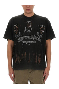 Black short-sleeved cotton t-shirt featuring three doberman pinschers with necklaces and chosenoughbored represent text