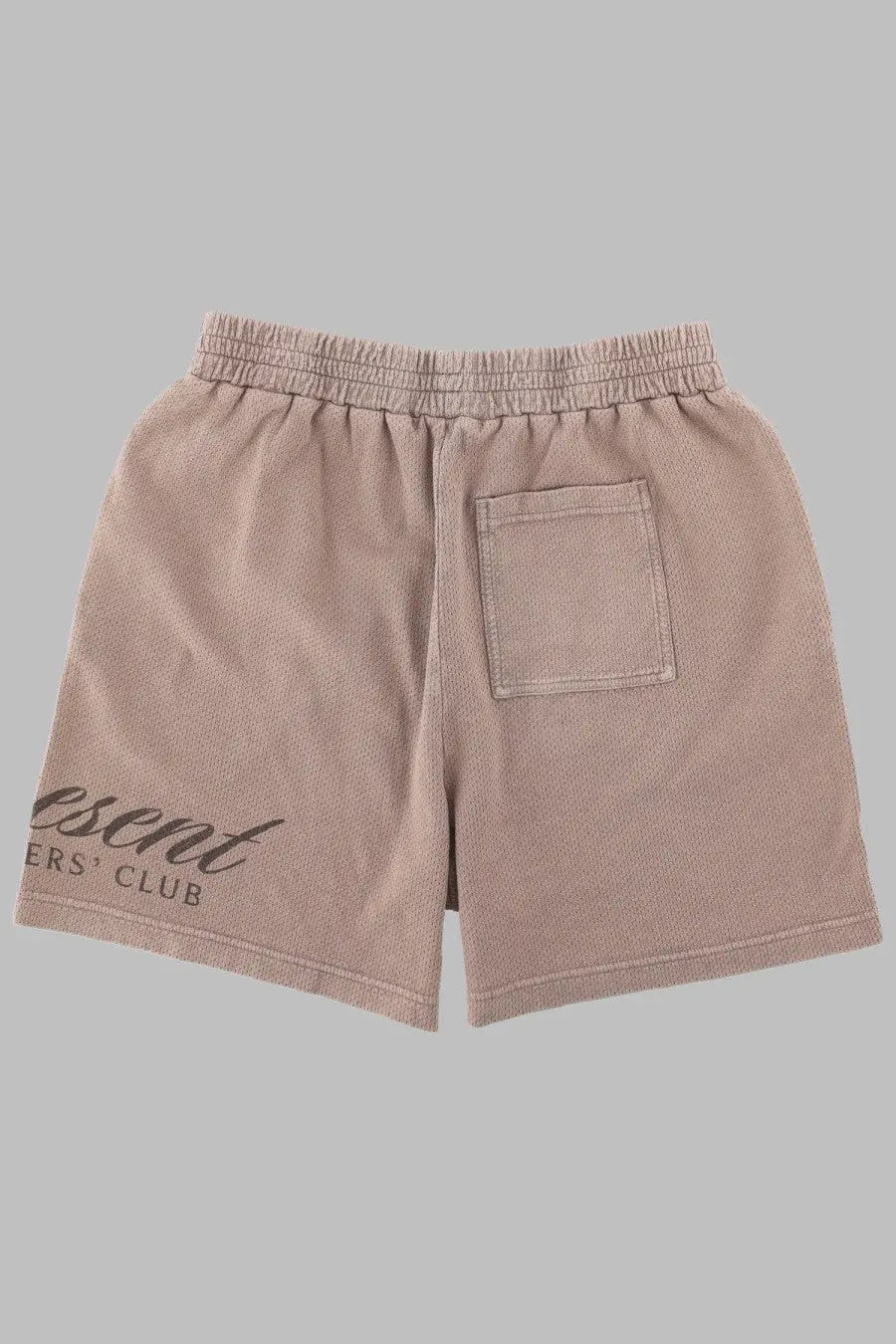 Beige cotton represent men’s shorts with relaxed fit elastic waistband and back side presenting presenters club logo pocket