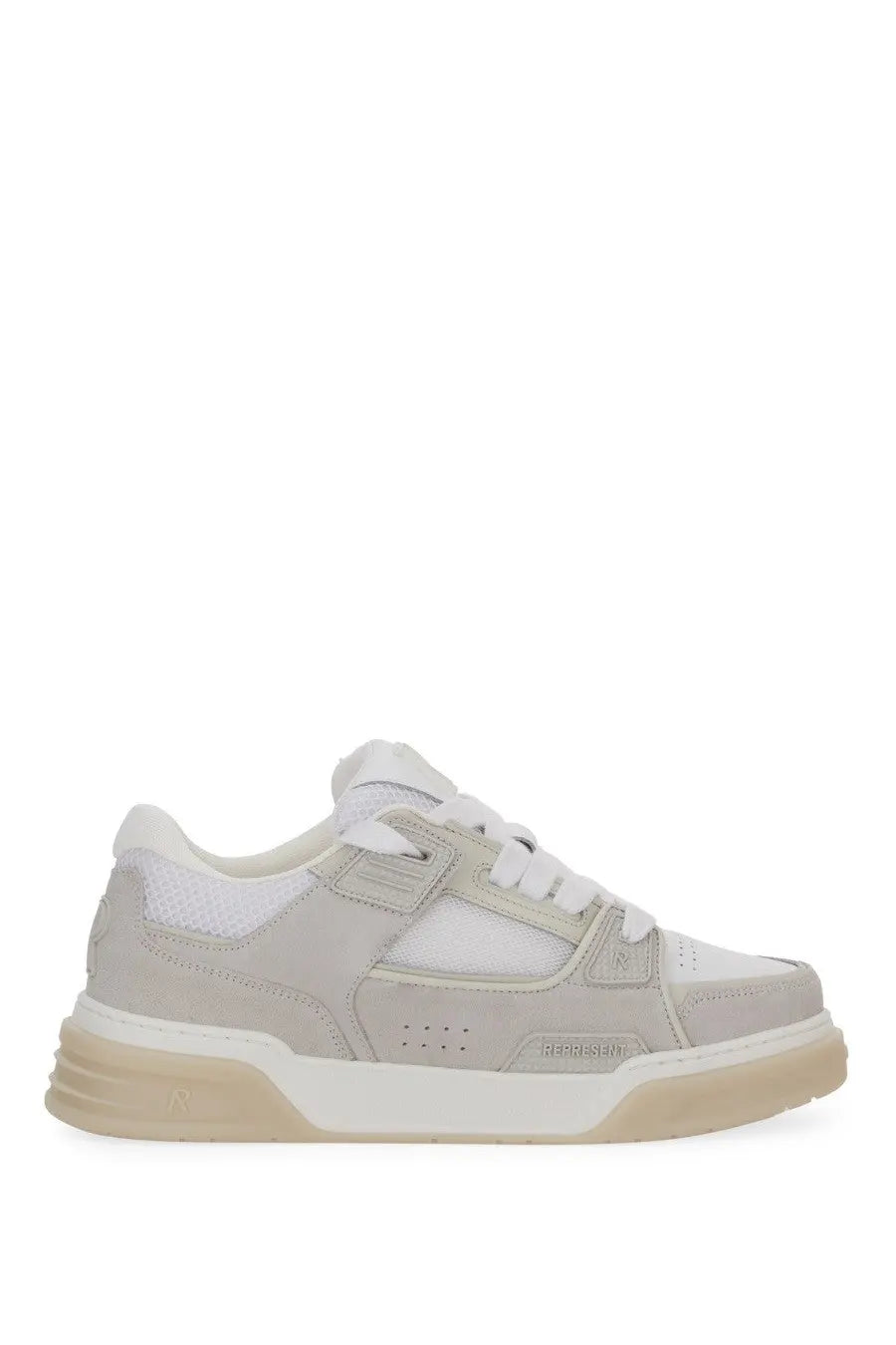 Light gray and white represent men’s studio sneaker with chunky sole featuring suede and mesh panels