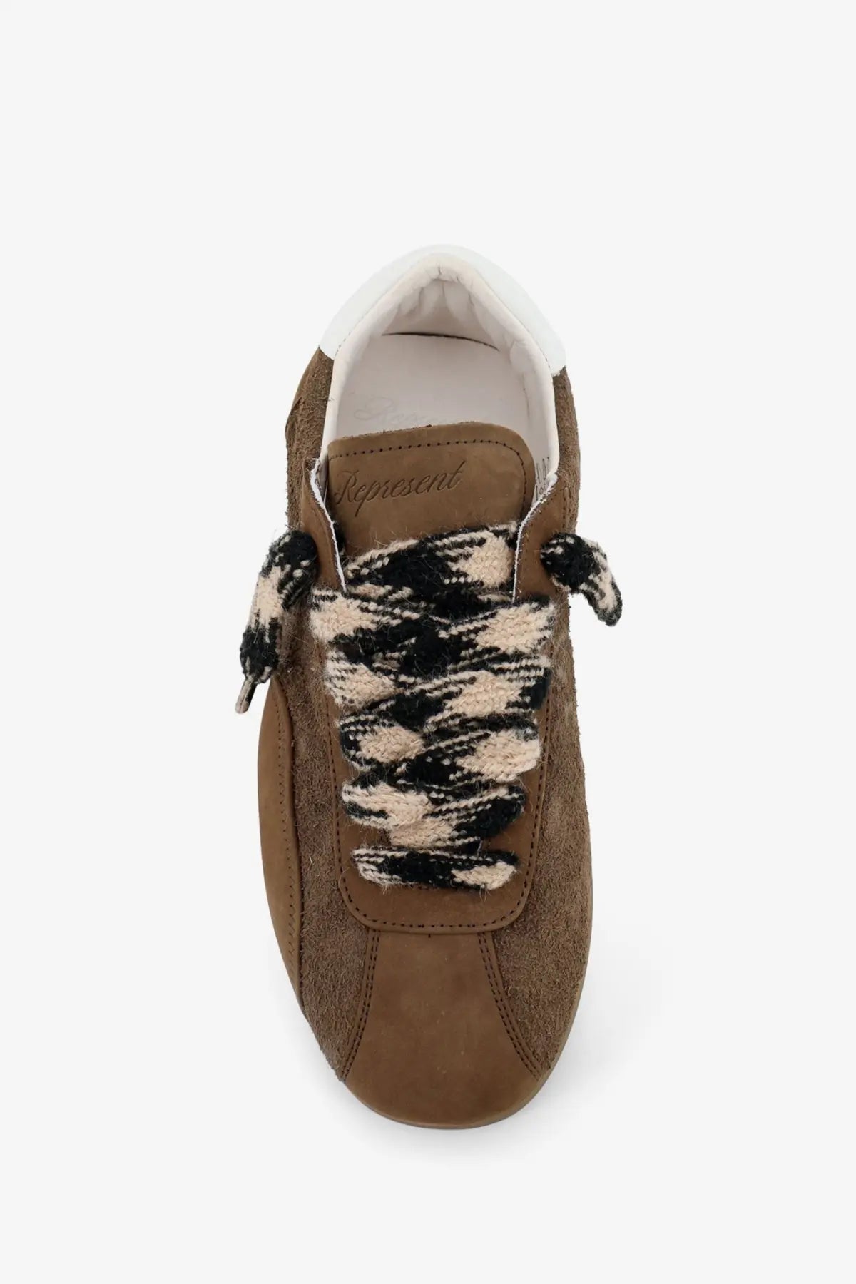 Represent men’s brown suede sneakers with black and cream patterned knit laces in suede and nubuck material