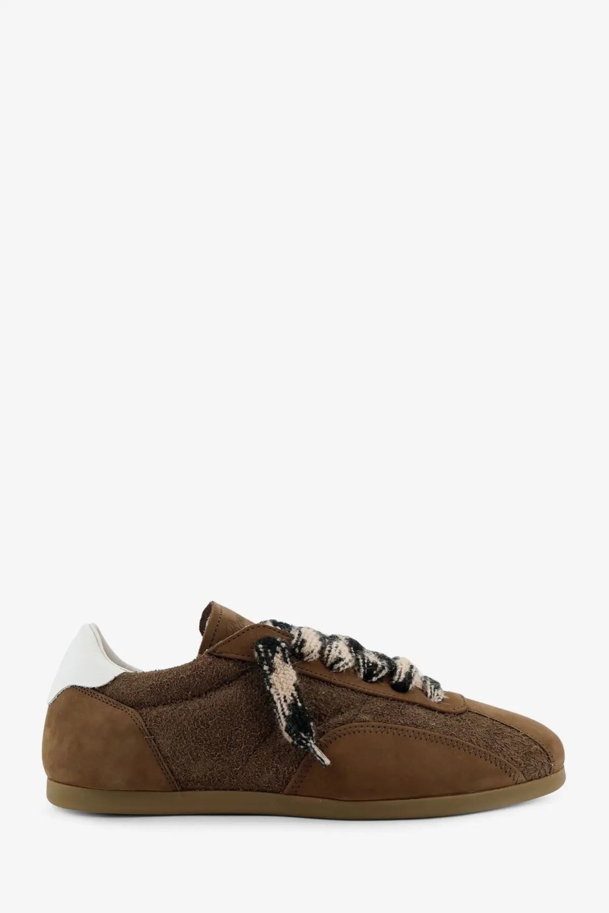 Represent men’s brown suede and nubuck sneaker with textured woven laces and white heel tab showing back view