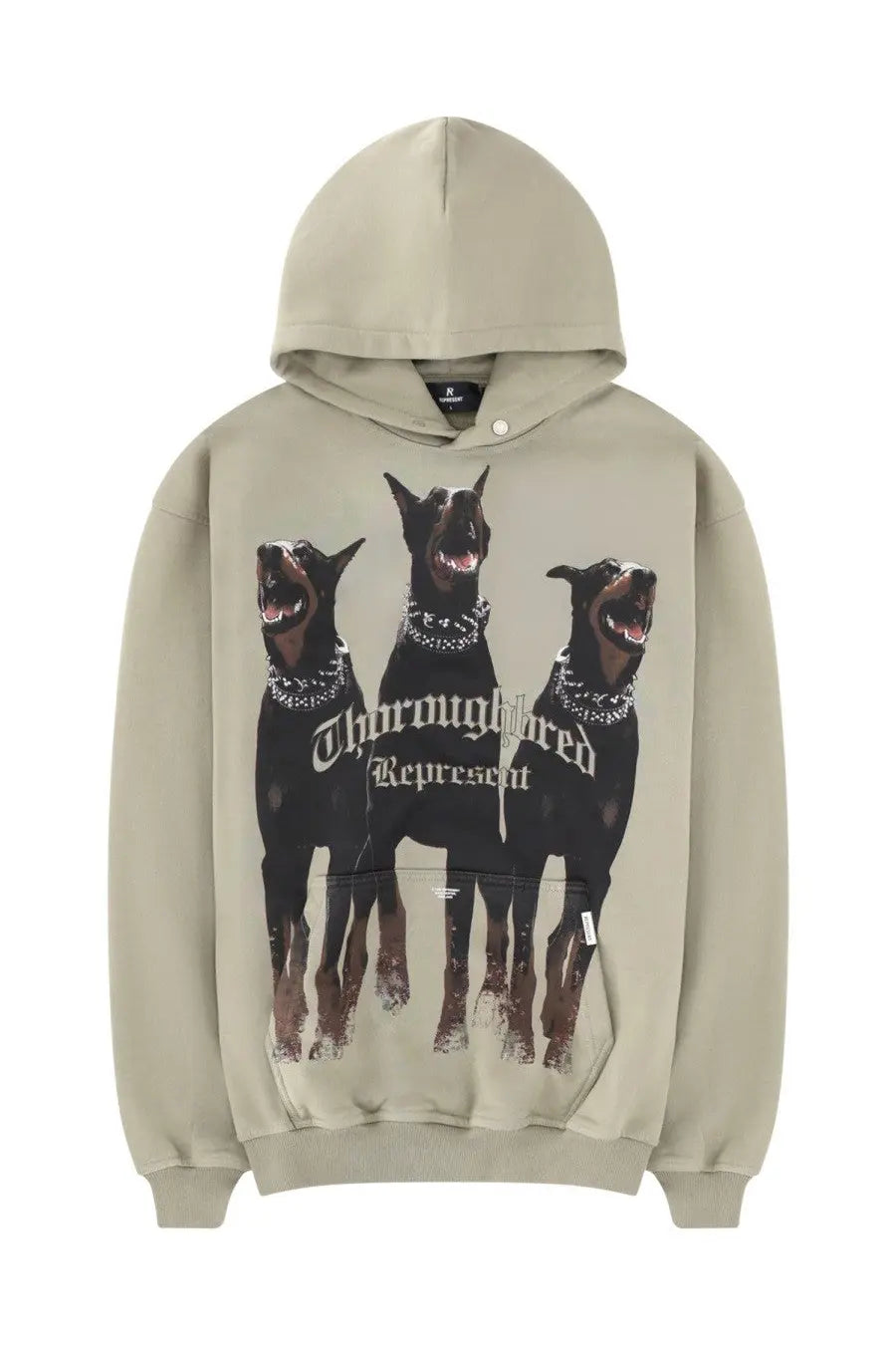Represent men’s thoroughbred hoodie in beige with three black doberman pinschers and thoroughbred represent text