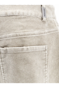 Beige corduroy pants with subtle ribbed texture and represent branded tag at waistband for men