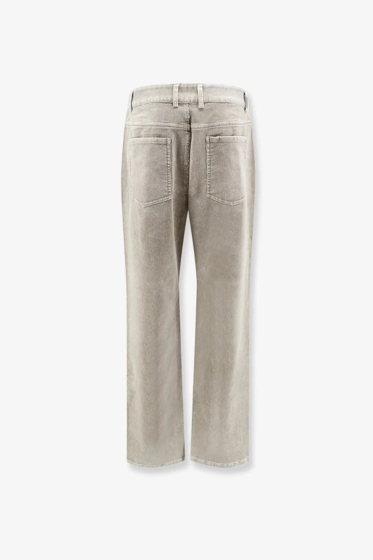 Represent men’s velvet trousers green shown from the back with light-wash denim straight-leg jeans and classic pockets