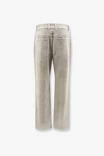 Light-wash denim jeans with straight-leg cut and classic back pockets shown from the back side