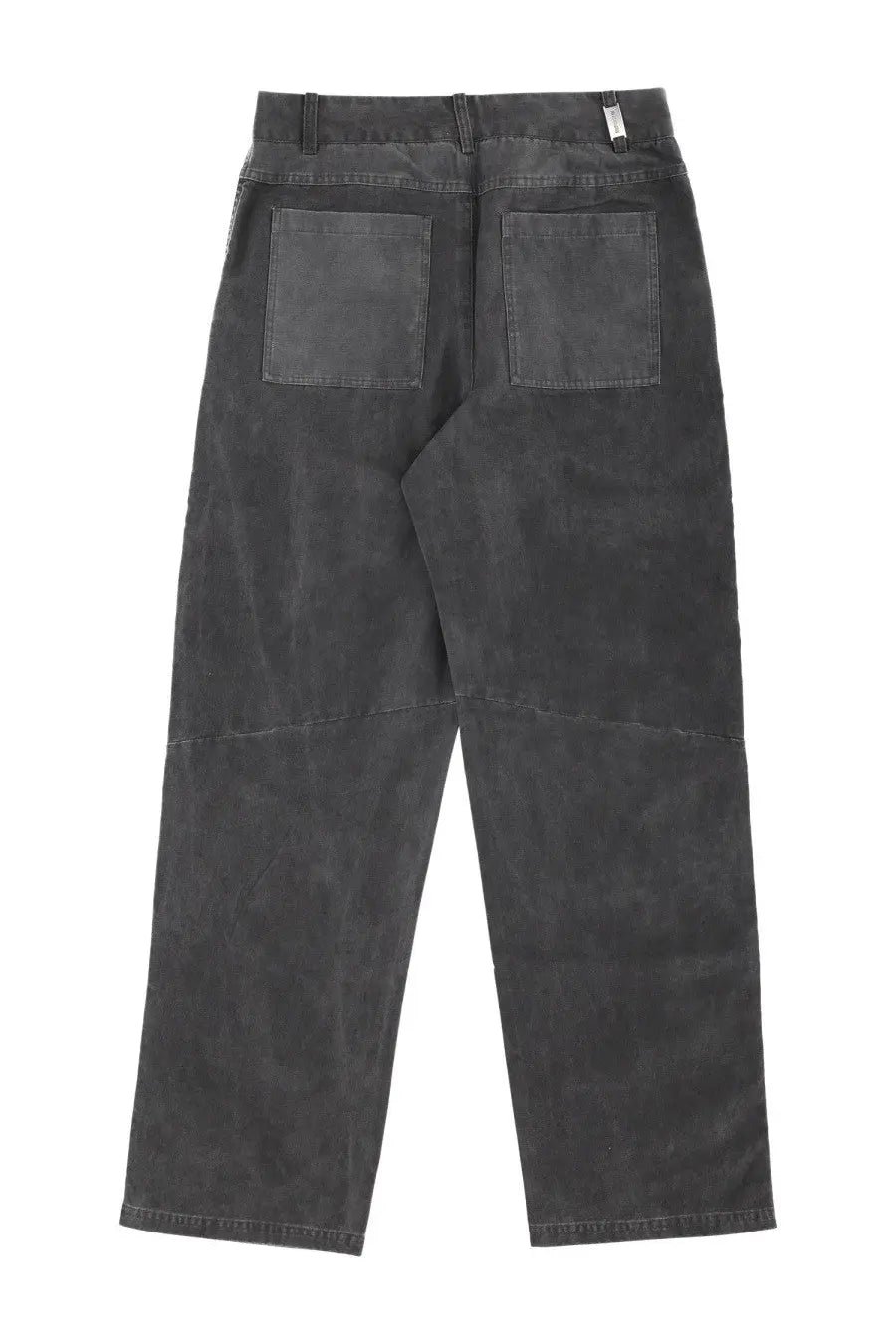 Back side of dark gray corduroy workwear trousers with two back pockets and belt loop waistband by represent men