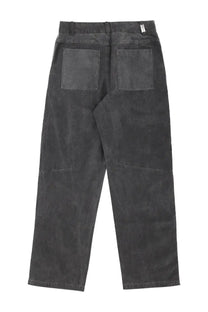 Back side of dark gray corduroy workwear trousers with two back pockets and belt loop waistband by represent men