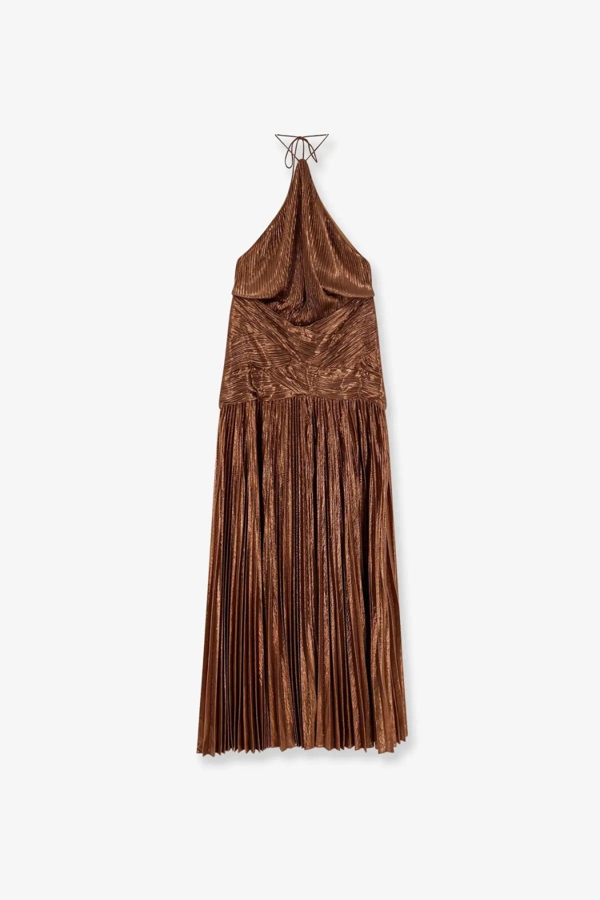 Retrofete women’s amberley pleated dress in shimmering bronze metallic fabric with textured halter neck and fitted bodice