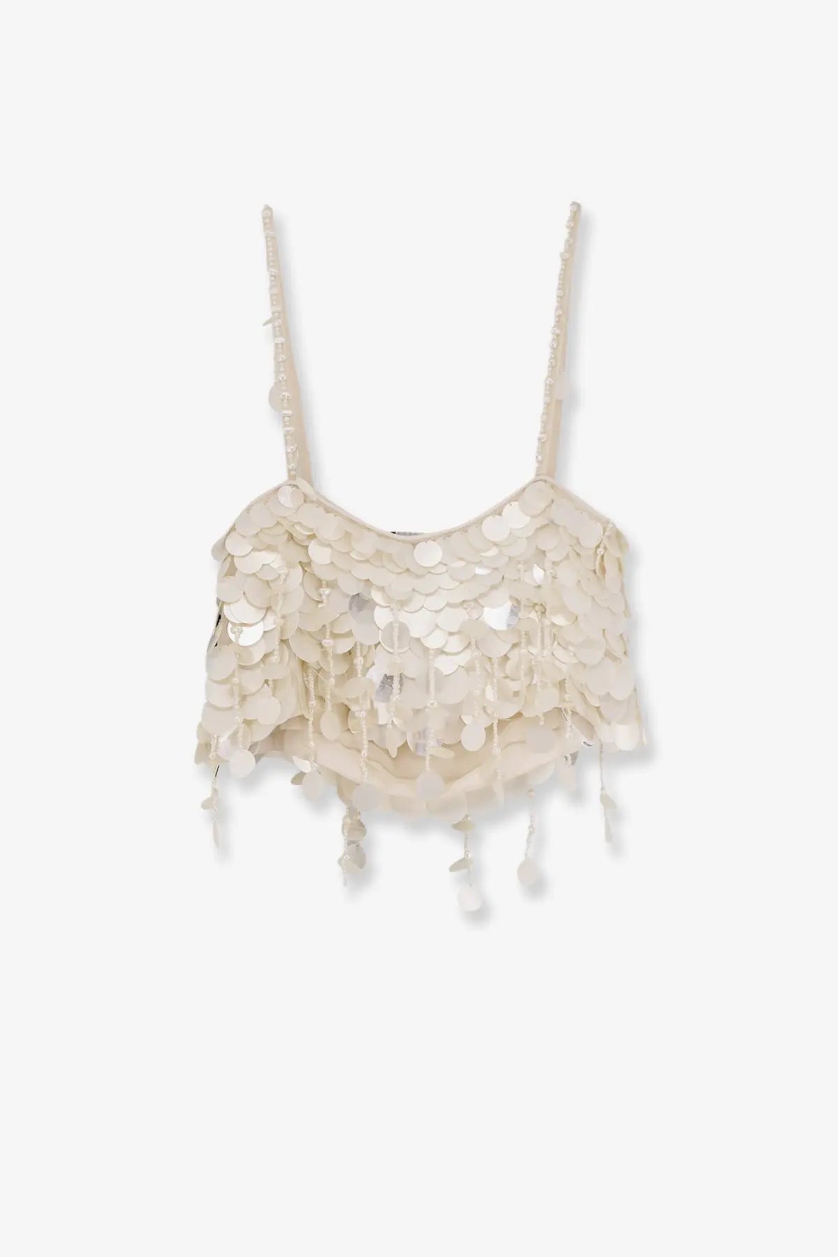 Retrofete women’s eudora top white is a shimmering off-white sequin crop top with delicate beaded straps and cascading fringe