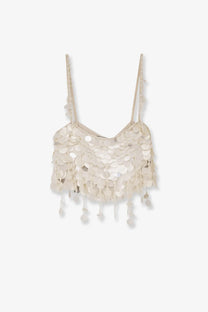 Retrofete women’s Eudora top white is an off-white sequined crop top with spaghetti straps and dangling tassels