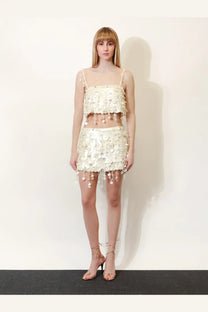 Retrofete women’s eudora top white shimmering off-white sequined two-piece set with fringe and pearl accents