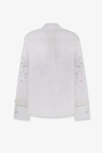 Retrofete women’s Eugenia Shirt Seychelles sheer white blouse with silver sequins scattered on sleeves and back shown from back