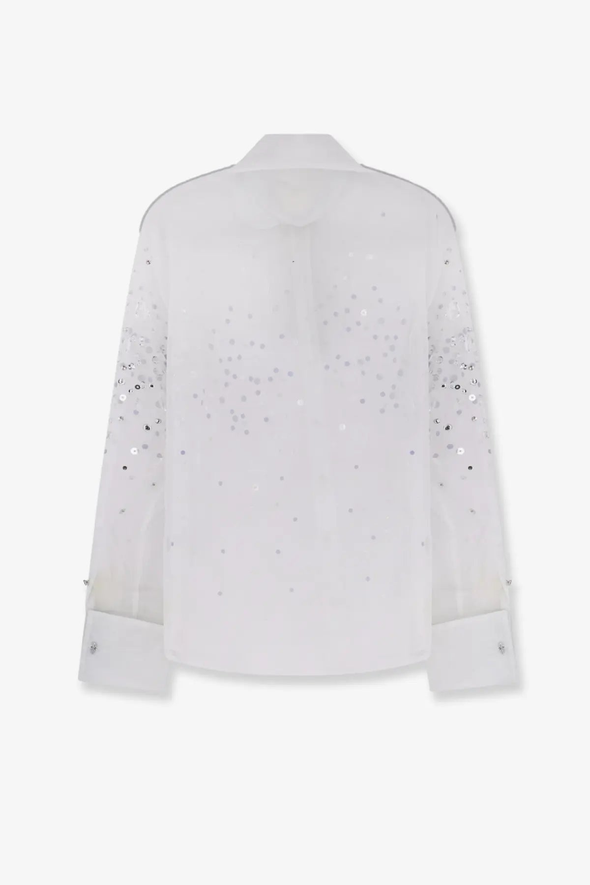 Retrofete womens Eugenia shirt Seychelles sheer white blouse with silver sequins on sleeves and back shown from back