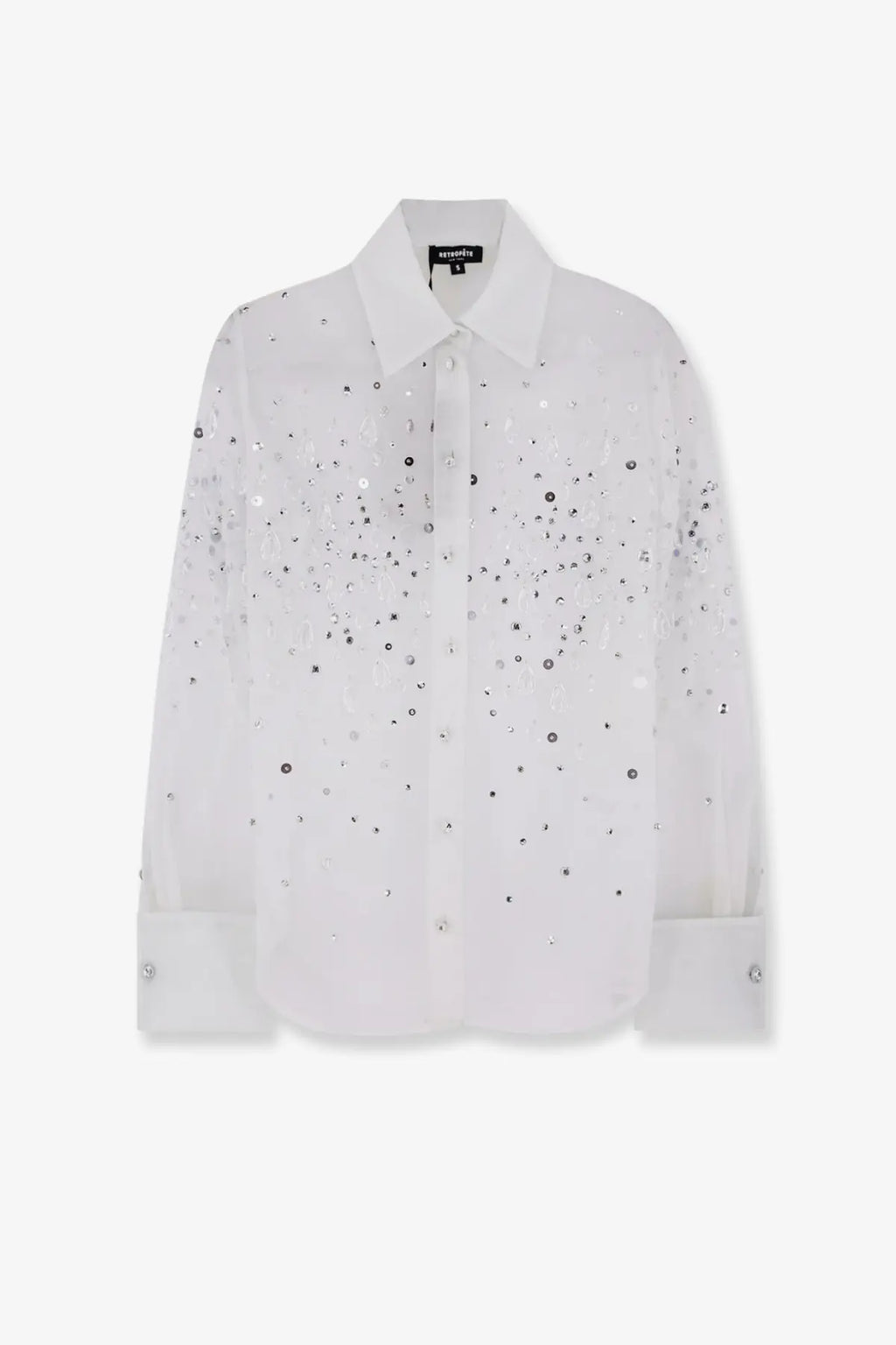 Retrofete womens Eugenia shirt Seychelles white sequined button-up with classic collar long sleeves and silver embellishments