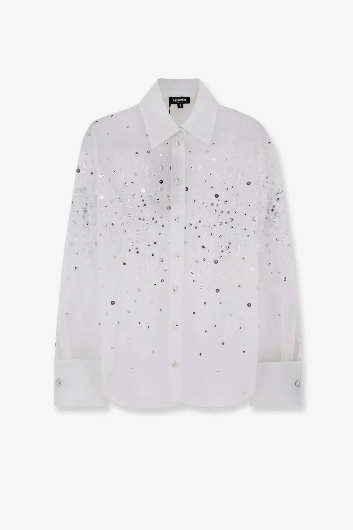 Retrofete womens Eugenia shirt Seychelles white sequined button-up with classic collar long sleeves and silver embellishments