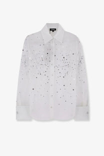 Retrofete womens Eugenia shirt Seychelles white sequined button-up with classic collar long sleeves and silver embellishments