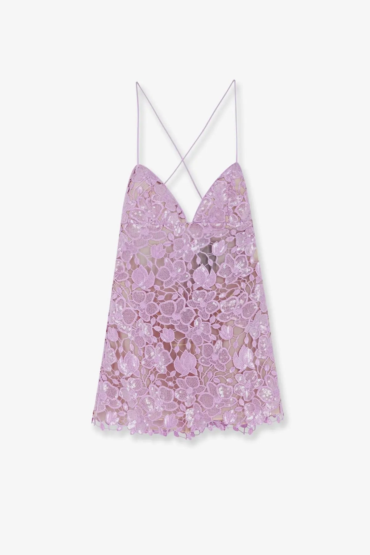 A delicate lavender lace camisole with floral pattern and thin crisscross back straps shown from the back