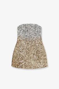 Retrofete women’s Kameron mini dress silver strapless with shimmering silver to gold sequin gradient and sparkling texture