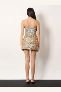 Retrofete women’s Kameron mini dress silver strapless with shimmering silver and gold sequin gradient