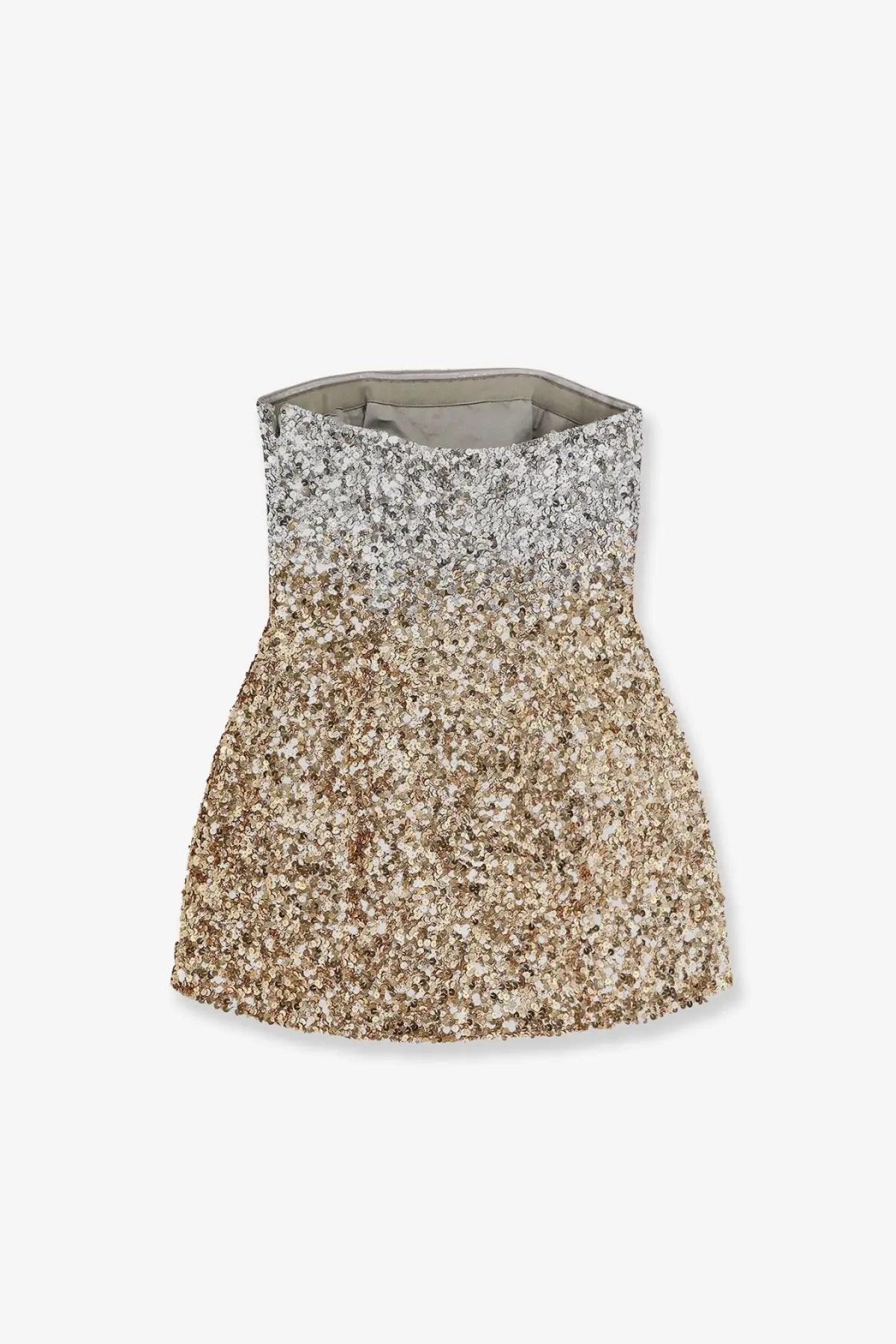 Retrofete women’s Kameron mini dress silver shimmering strapless sequined with a gradient from silver to gold