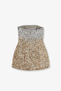 Retrofete women’s Kameron mini dress silver shimmering strapless sequined with a gradient from silver to gold