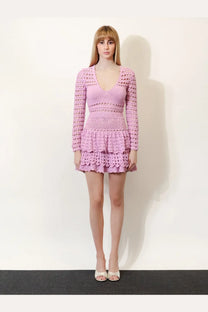 Retrofete women’s lujan mini dress bronze with delicate lavender crochet long sleeves and tiered ruffle hem