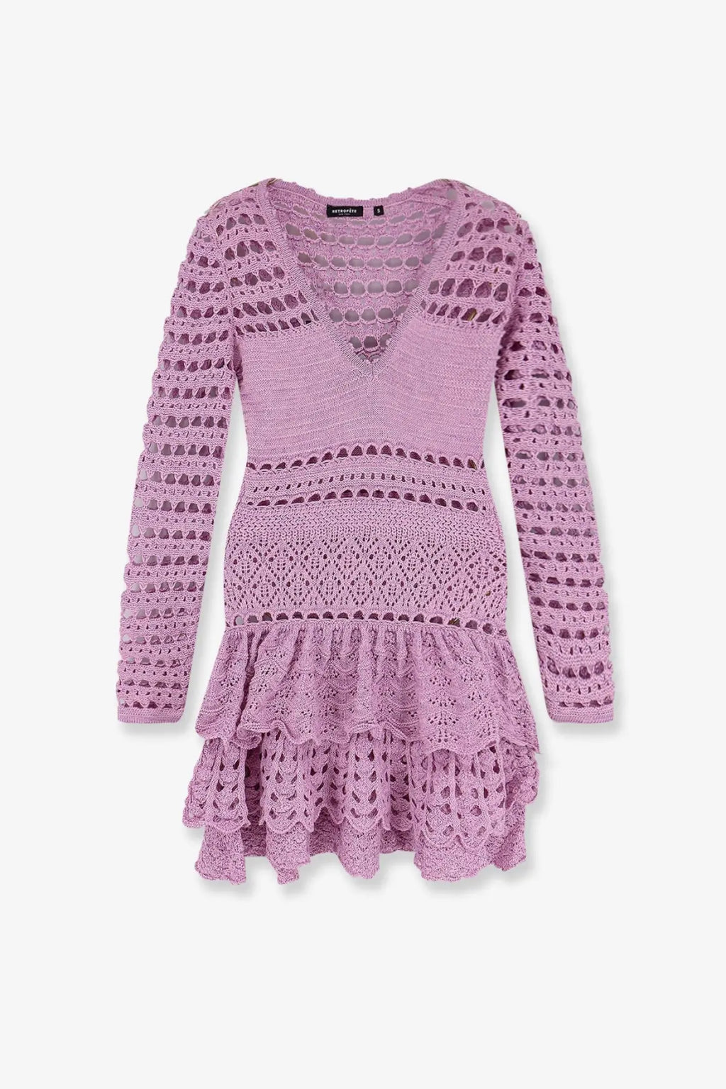 Retrofete women’s lujan mini dress bronze lavender crochet with v-neckline long sleeves and tiered ruffle hem