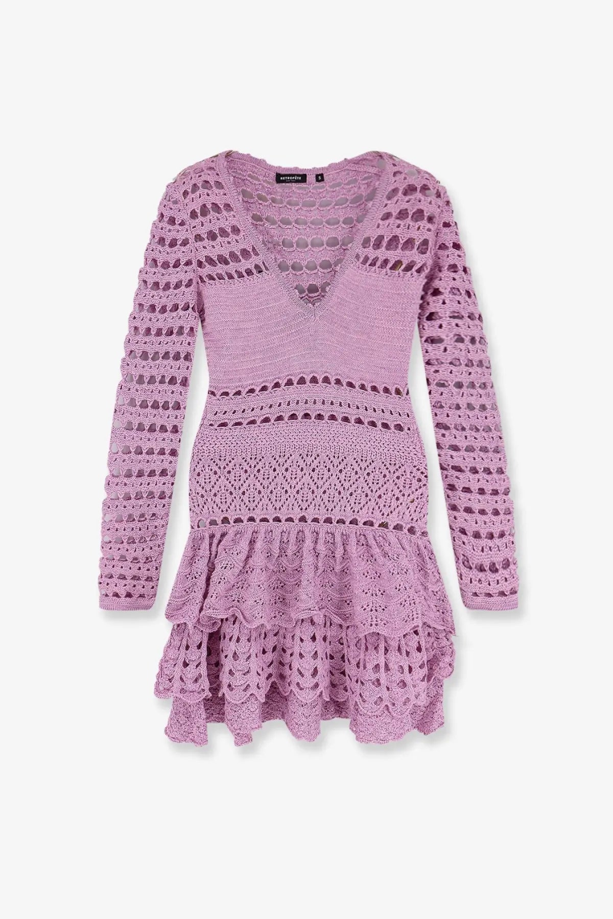 Retrofete women’s lujan mini dress bronze lavender crochet with v-neckline long sleeves and tiered ruffle hem