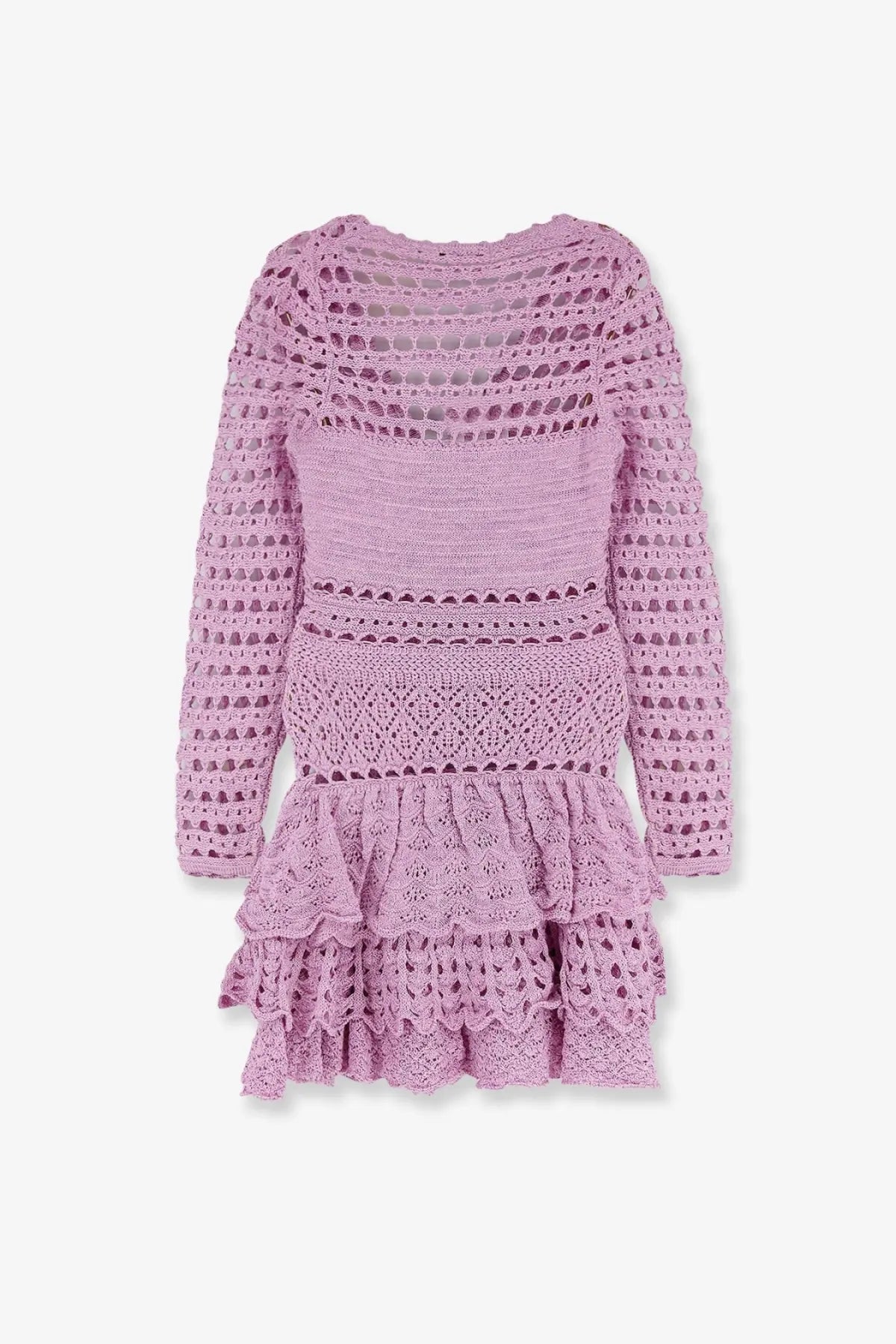 Retrofete women’s lujan mini dress bronze featuring a delicate lavender crocheted fabric with long sleeves and tiered ruffle hem