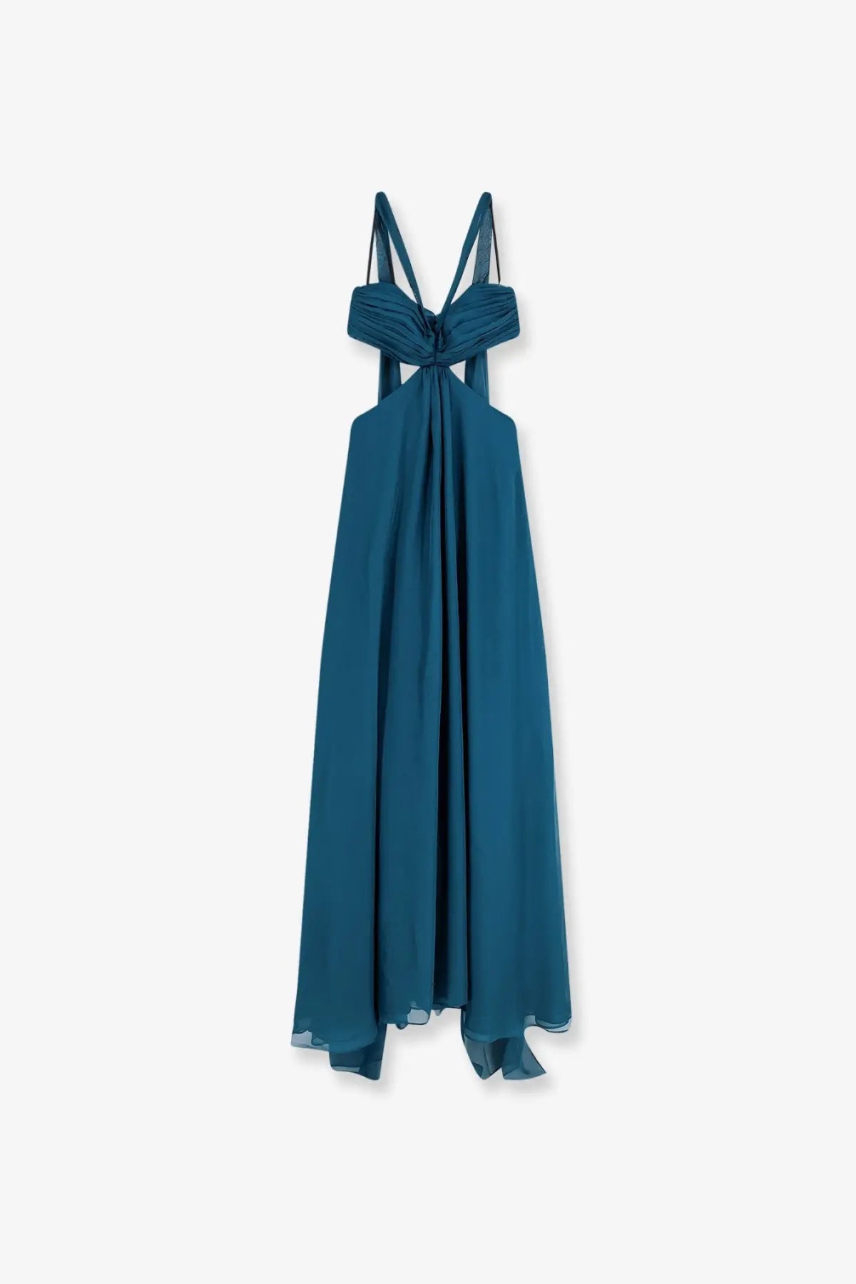 Retrofete womens meira chiffon dress blue featuring a flowing teal chiffon maxi skirt with draped knotted bodice and crisscross straps