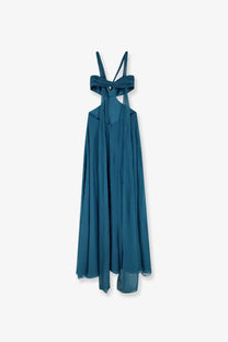 Retrofete women’s Meira chiffon maxi dress in teal with halter neckline and crisscross straps