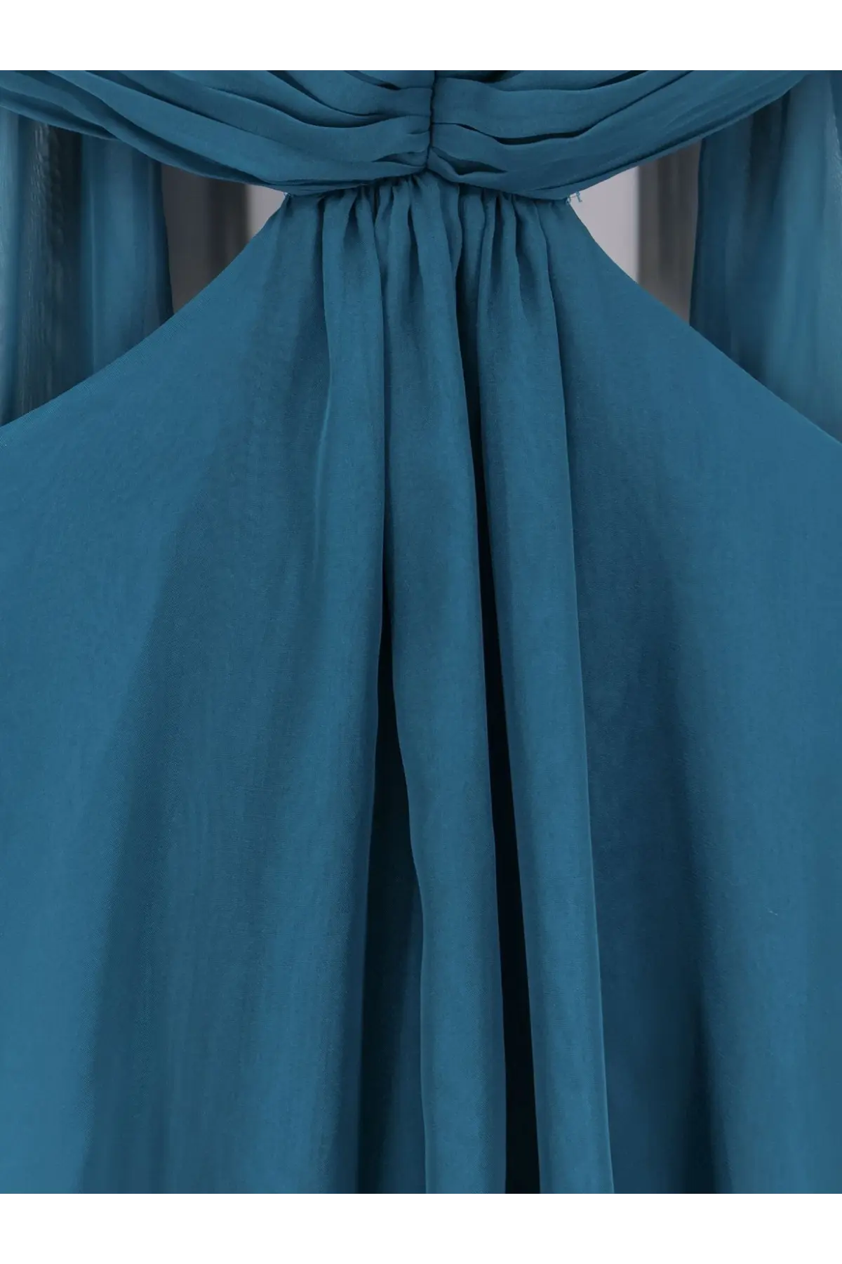 Retrofete women’s meira chiffon dress blue flowing teal satin with gathered ruched bodice and soft draping fabric