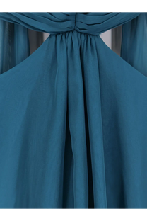 Retrofete women’s meira chiffon dress blue flowing teal satin with gathered ruched bodice and soft draping fabric