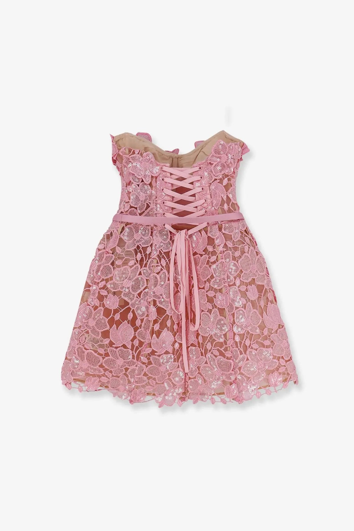 Retrofete women’s Novalie mini dress pink delicate lace with floral patterns corset-style back and matching waist belt