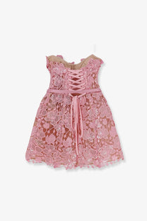 Retrofete women’s Novalie mini dress pink delicate lace with floral patterns corset-style back and matching waist belt