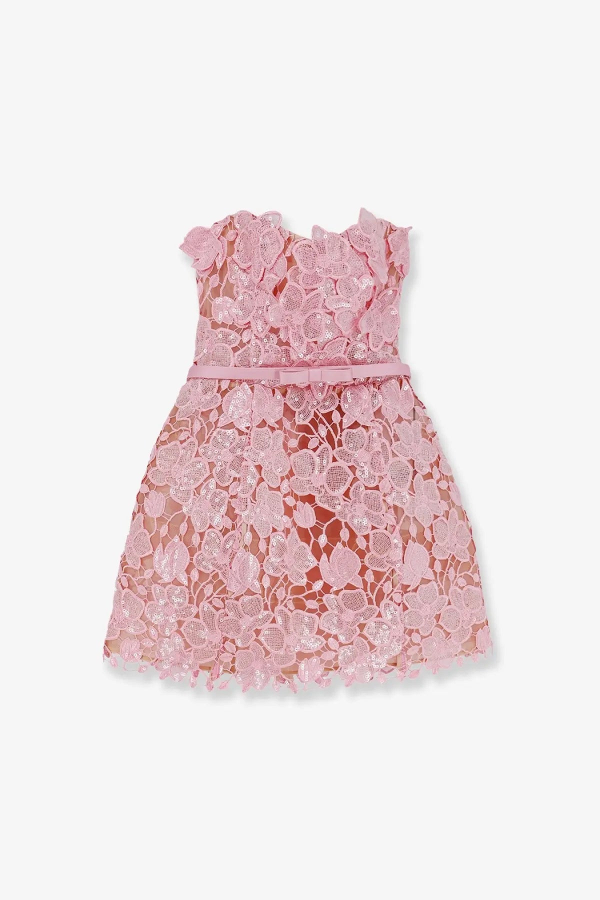 Retrofete women’s Novalie mini dress pink delicate lace with floral patterns and matching bow belt