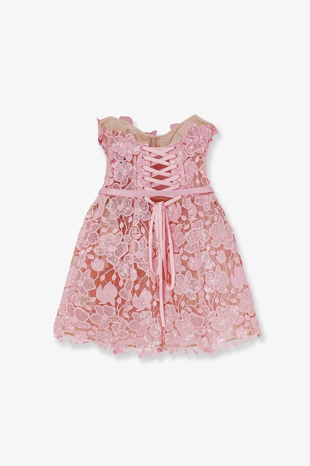 Retrofete women’s novalie mini dress pink showing back view of delicate pink lace with floral patterns and corset-style back