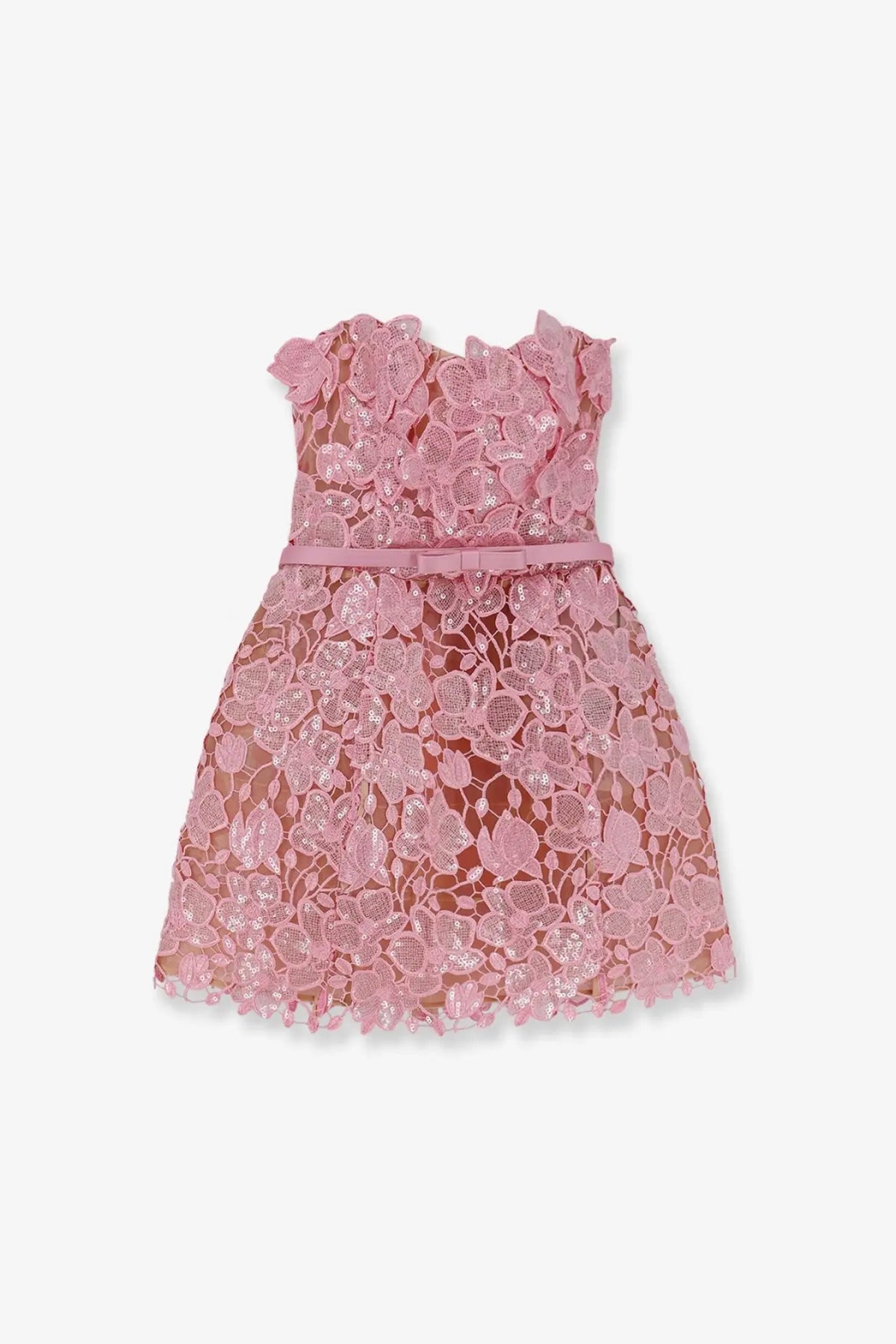 Retrofete women’s Novalie mini dress pink delicate lace with floral patterns and a matching belt