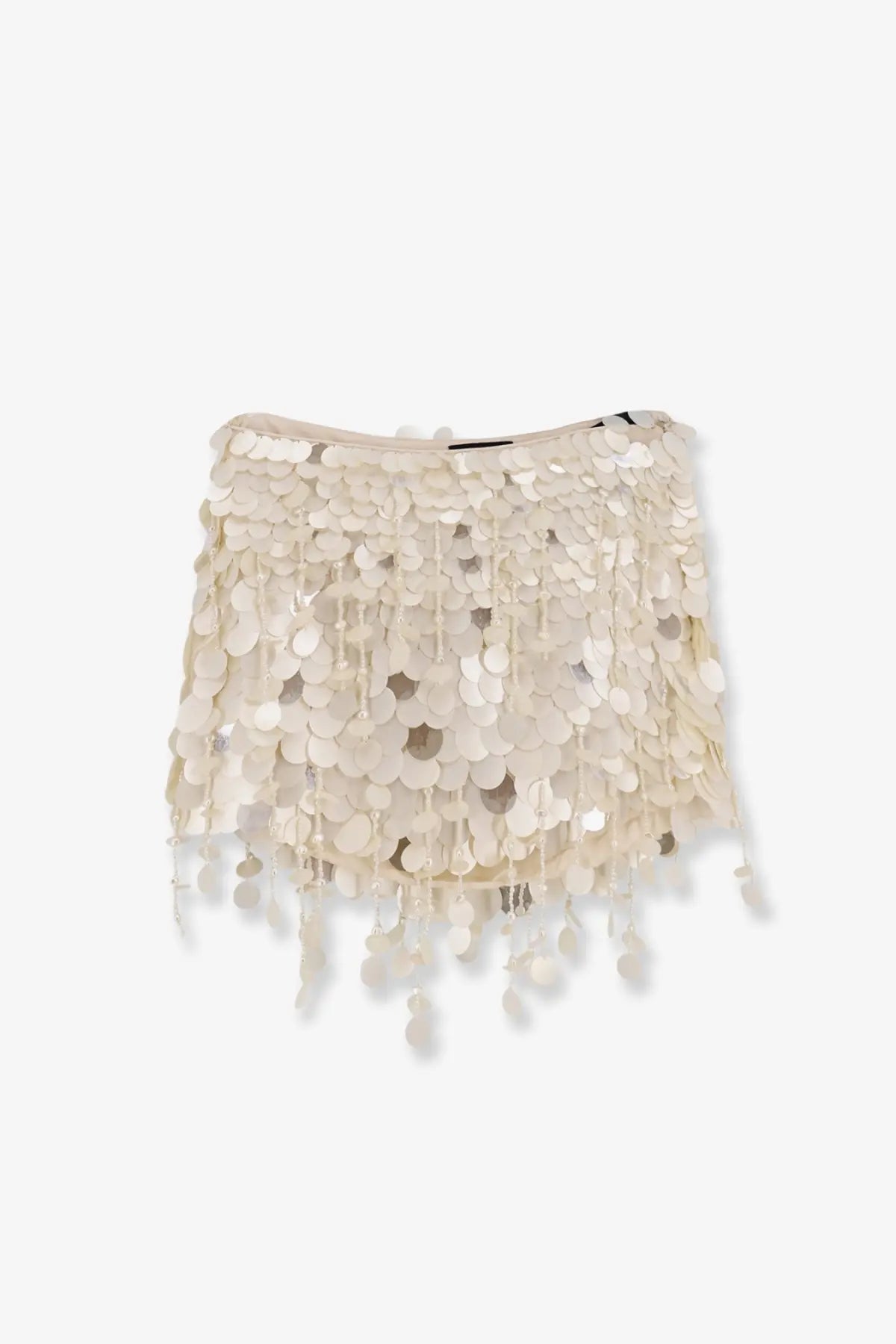 Retrofete women’s Rettie skirt white is an off-white sequin mini skirt with shimmering cascading fringe details