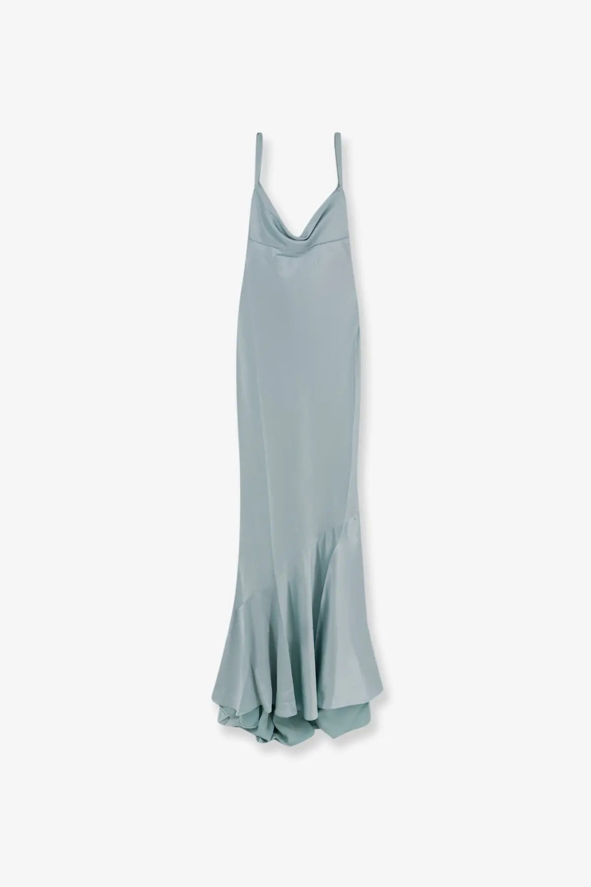 Retrofete women’s satin Vinica dress in light blue with thin straps and a flowing mermaid silhouette