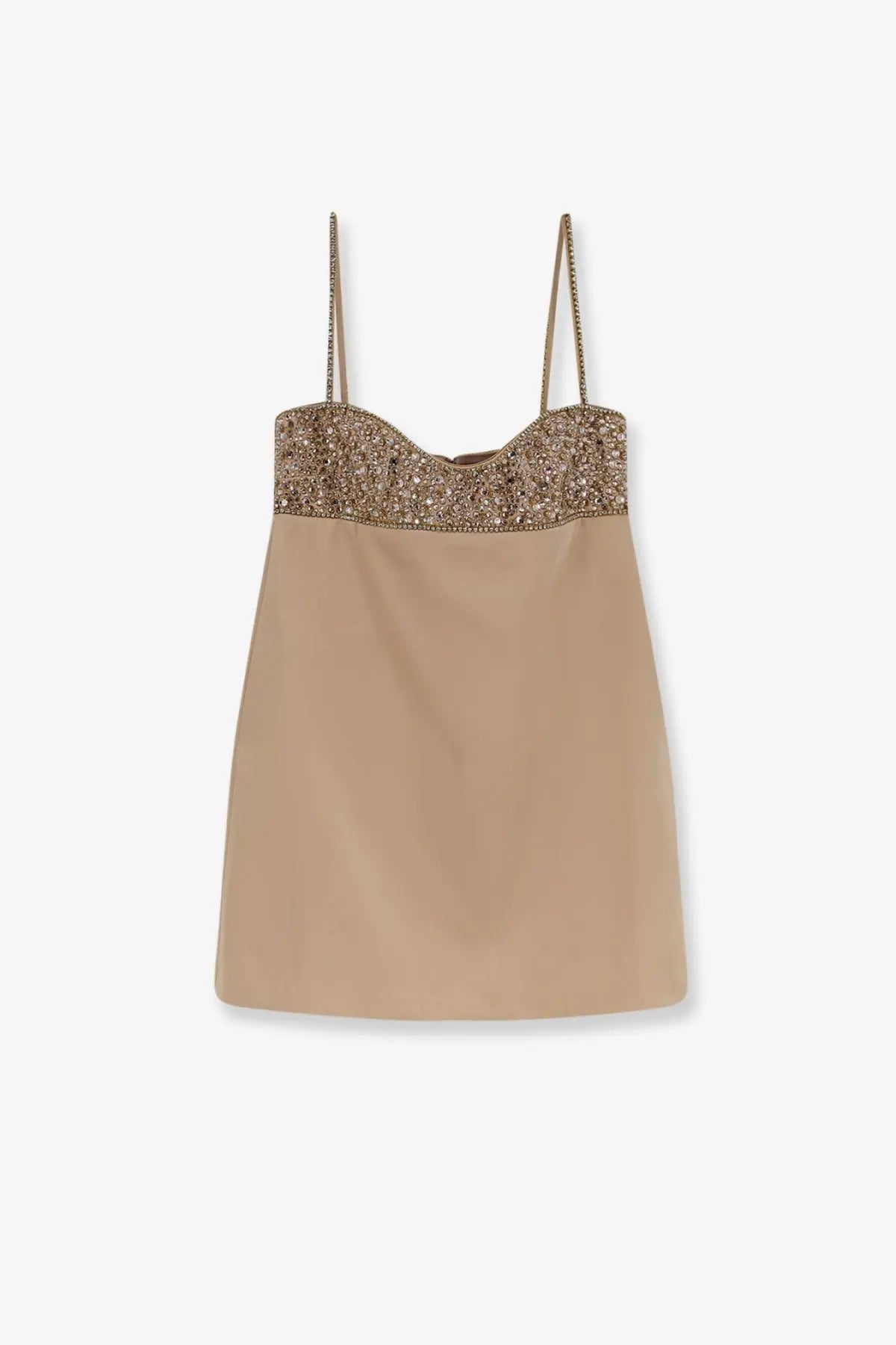 Retrofete women’s shyla satin dress macadamia beige with sparkling gold beaded neckline and delicate chain straps