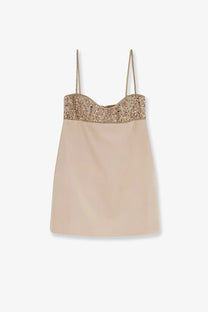 Retrofete women’s shyla satin dress macadamia beige camisole with sparkling gold beaded neckline and delicate chain straps