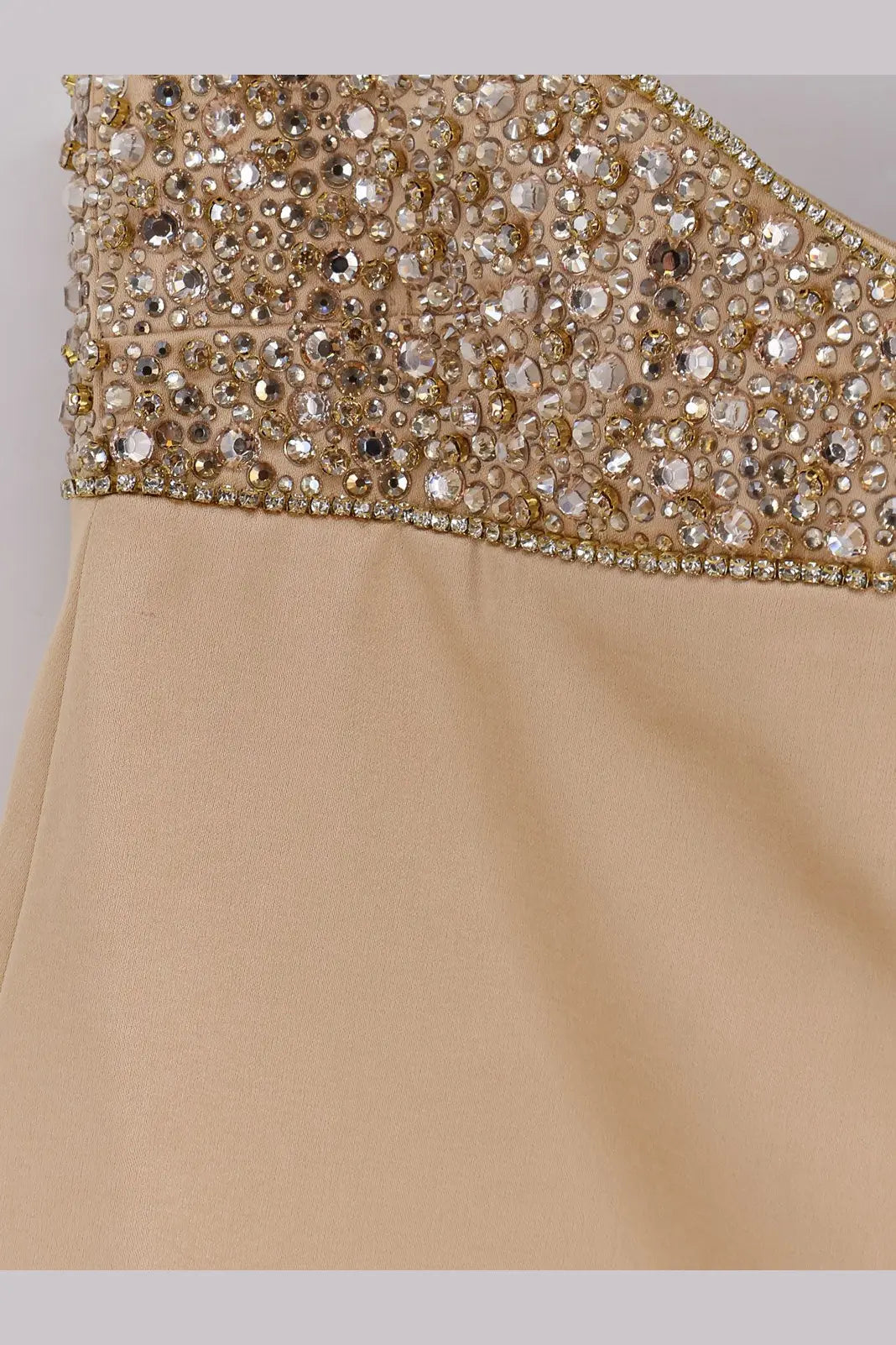 Retrofete womens shyla satin dress macadamia in beige with a sparkling beaded bodice of clear and gold toned crystals