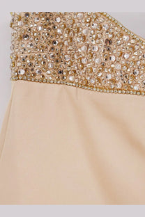 Retrofete women’s shyla satin dress macadamia beige evening gown with sparkling beaded bodice and gold toned crystals