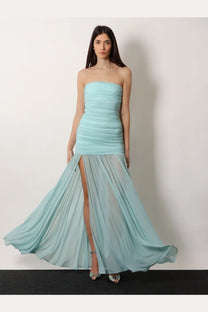 Retrofete women’s strapless light blue mermaid long dress with ruched bodice in stretch fabric Seychelles