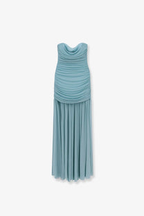 Retrofete women’s sleeveless light blue stretch fabric maxi dress with draped cowl neckline and pleated skirt