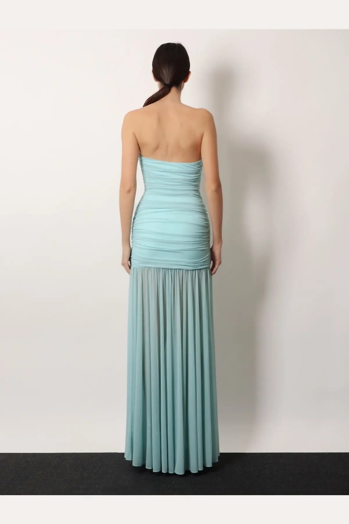 Retrofete women’s strapless light blue adele long dress with ruched bodice and pleated skirt in stretch fabric