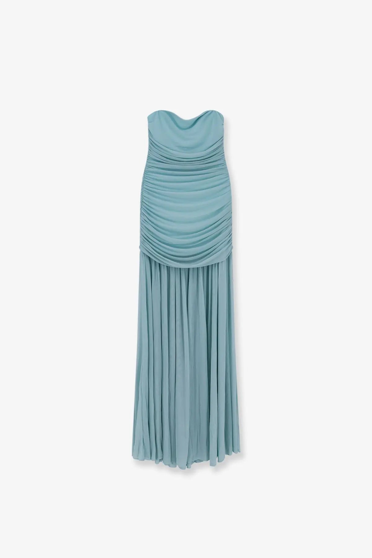 Retrofete women’s strapless mint green long dress with stretch fabric draped bodice and pleated skirt