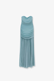 Retrofete women’s strapless mint green long dress with stretch fabric draped bodice and pleated skirt
