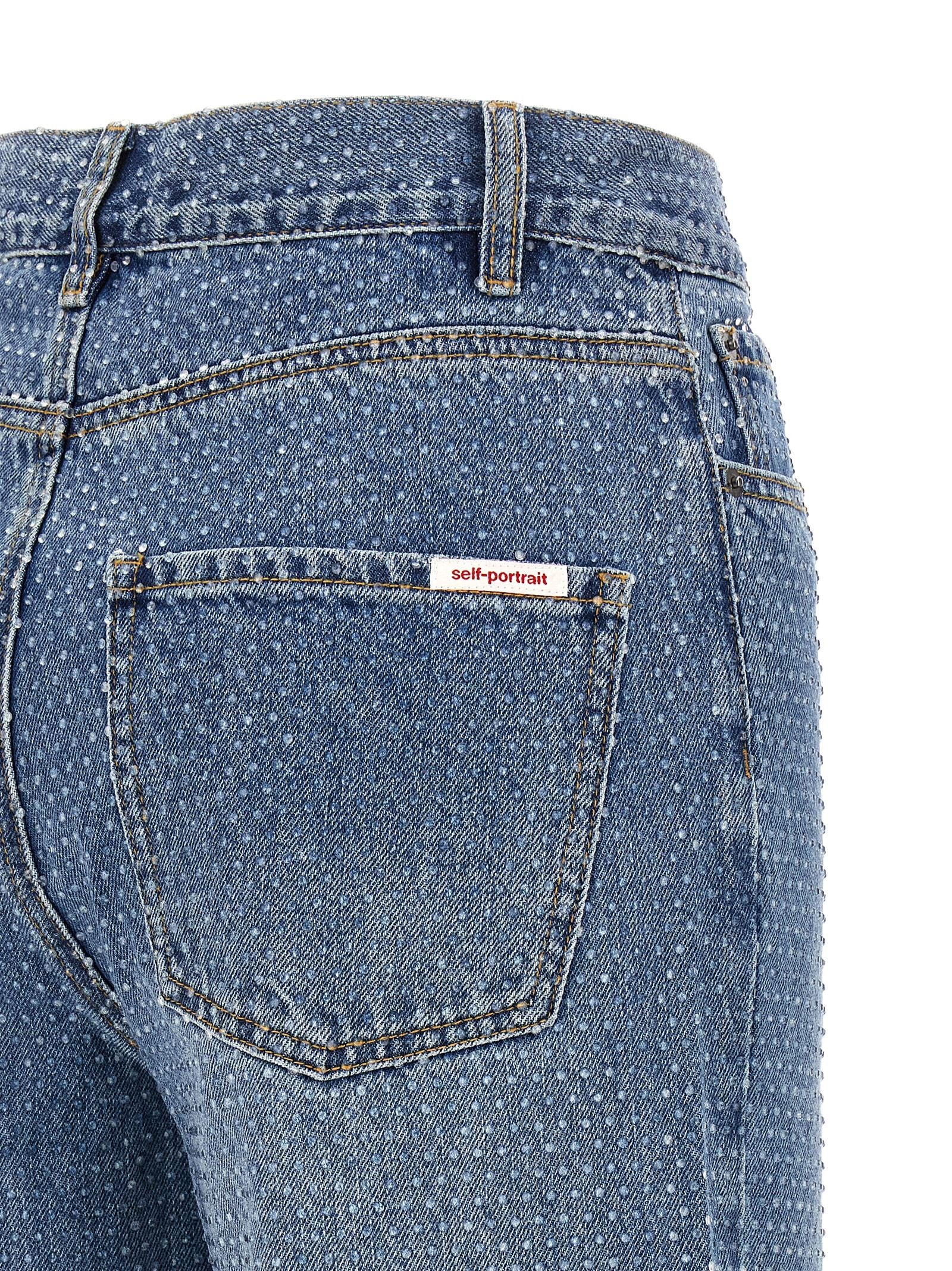 self-portrait Rhinestone Denim Straight Leg Jeans Blue